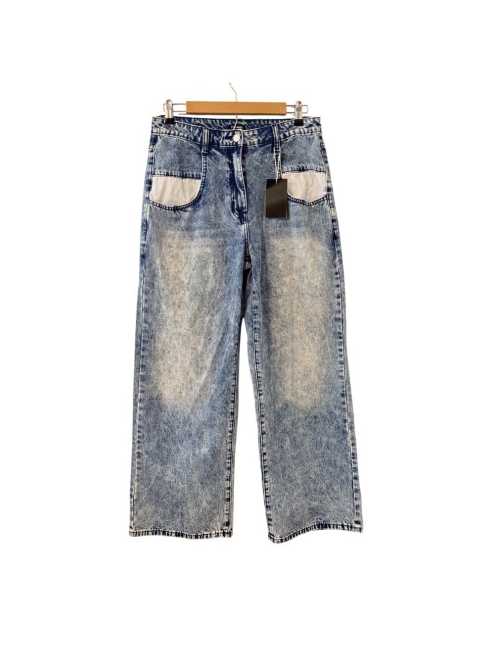 Flamingo High-Waisted Acid Wash Wide-Leg Jeans With Front & Back Pockets Sz L Je - Picture 1 of 12